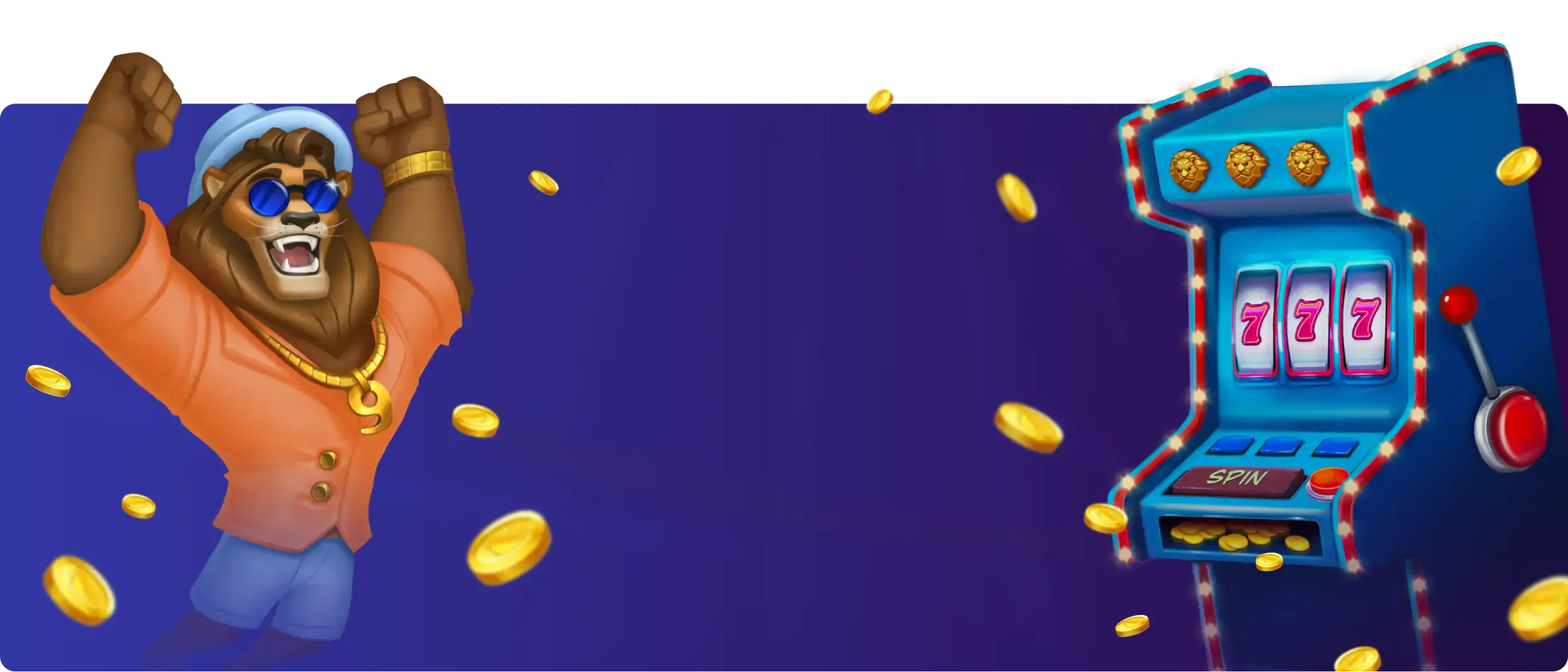 First-screen art from the Nine Casino home page Nine Casino lion mascot and a slot machine with three sevens