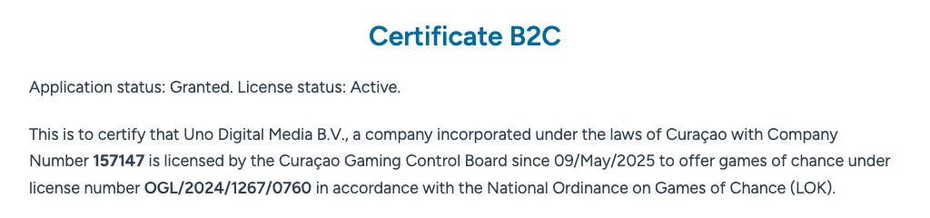 Curaçao Gaming Authority certificate: Certificate B2C, statuses and the licensee paragraph