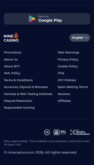 Footer of the operator’s mobile home page: Get it on Google Play button, link list, 18+, SSL Secure and Identity Verification marks