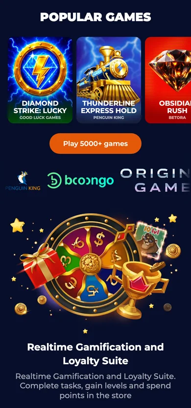 Phone view of the operator’s home page with Popular Games tiles and the studio logo strip