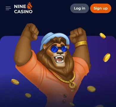 Phone view of the operator’s mobile site header: Nine Casino logo, menu icon, Log in and Sign up buttons and the lion mascot art