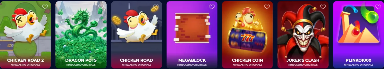 Row of NineCasino Originals tiles: Chicken Road 2, Dragon Pots, Chicken Road, Megablock, Chicken Coin, Joker's Clash, Plinko1000