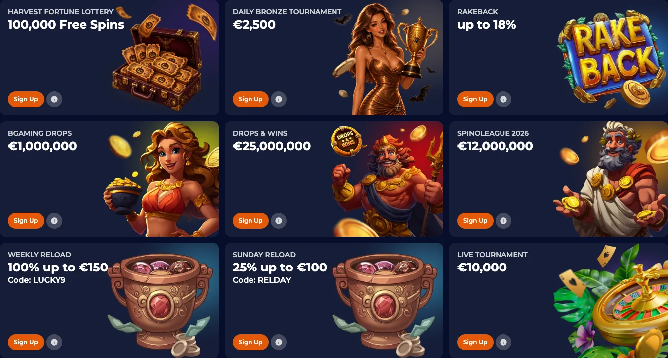 Frame: promotions grid, reload cards Operator promotions page, lower half of the grid with the Weekly Reload, Sunday Reload and Rakeback cards