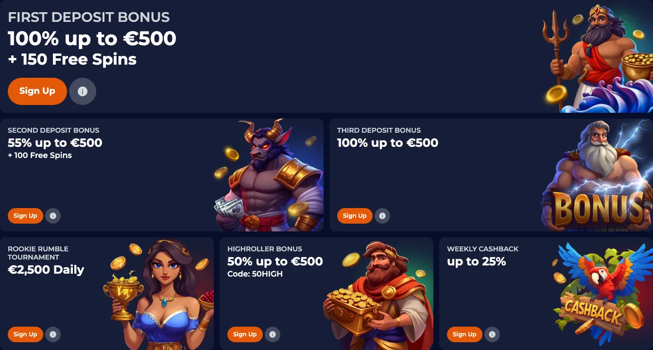 Frame: promotions grid, Highroller Bonus card with code 50HIGH Promotions page, upper half of the grid: first, second and third deposit bonus, Rookie Rumble, Highroller bonus and Weekly Cashback cards