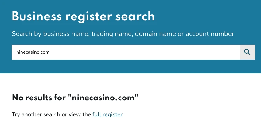 UK Gambling Commission business register search for ninecasino.com: No results
